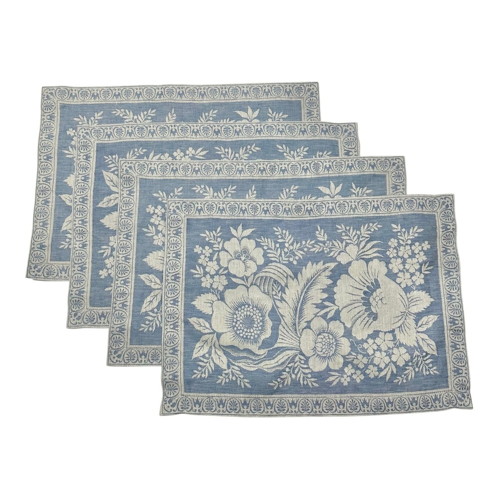 Williams Sonoma Vintage FJ Floral Blue Cotton Linen Placemats Set of 4 5290742